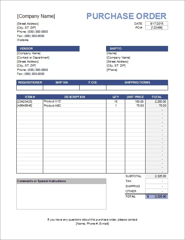 Example of purchase order